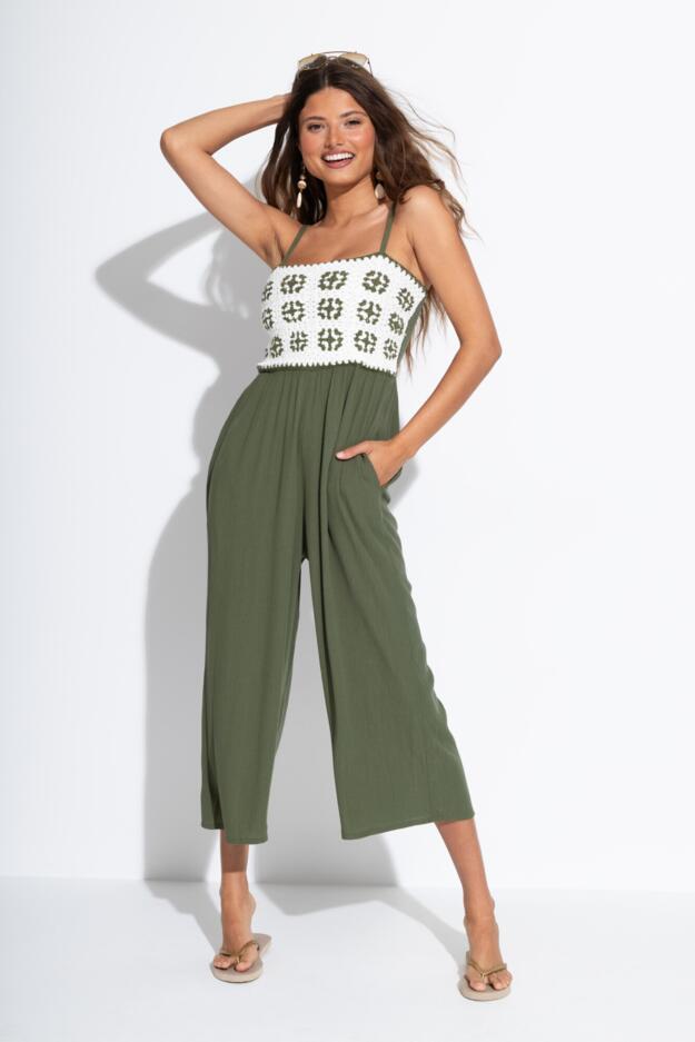 Crochet Bodice Cropped Leg Jumpsuit