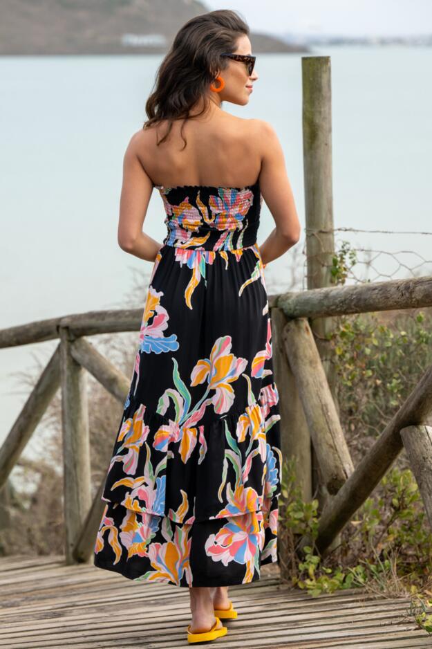  Strapless Asymmetric Tiered Woven Maxi Dress