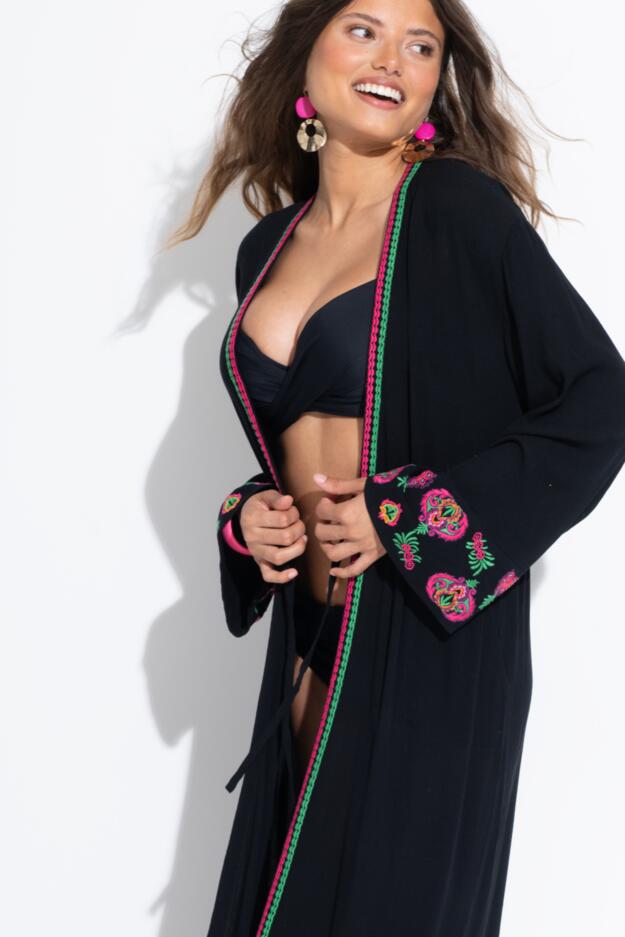 Embroidered Crinkle Woven Maxi Kimono