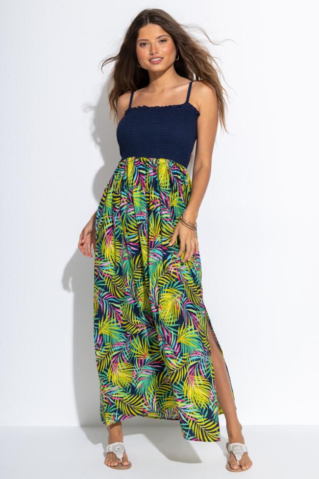 Removable Straps Shirred Split Maxi Dress