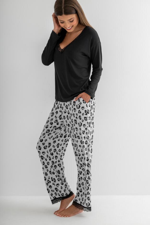 Brushed Rib Lace Trim V-Neck Lounge Pyjama Set