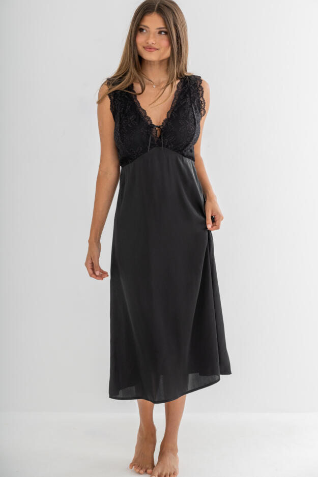 Dusk Satin & Lace Plunge Midi Chemise