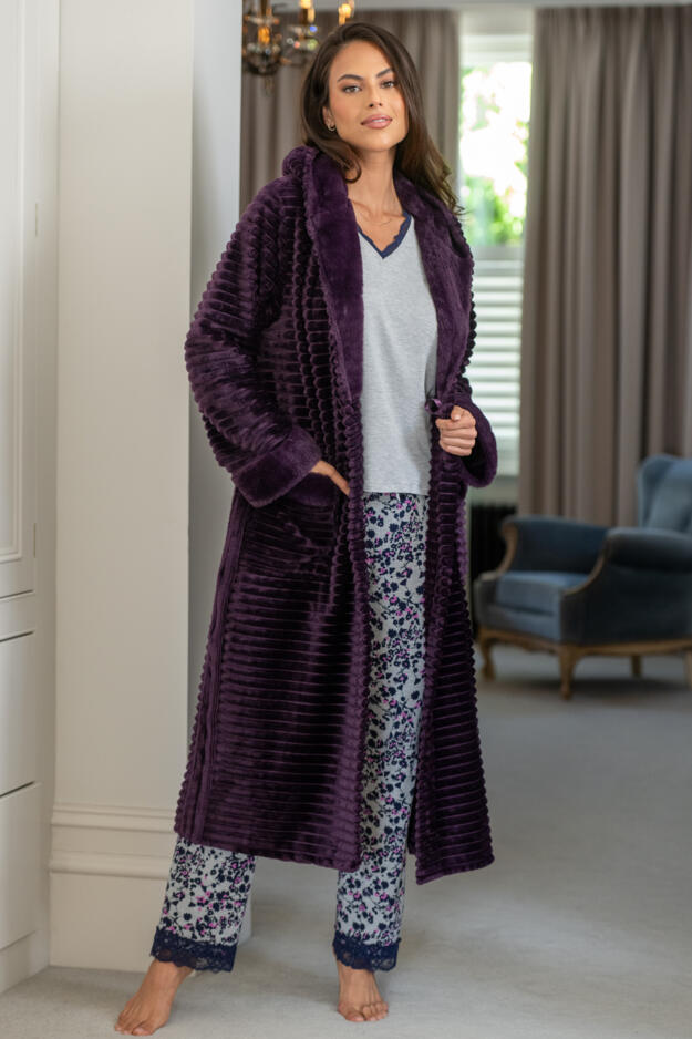 Cosy Ribbed Fleece Midi Hooded Dressing Gown  
