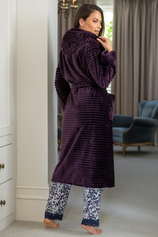 Cosy Ribbed Fleece Midi Hooded Dressing Gown  