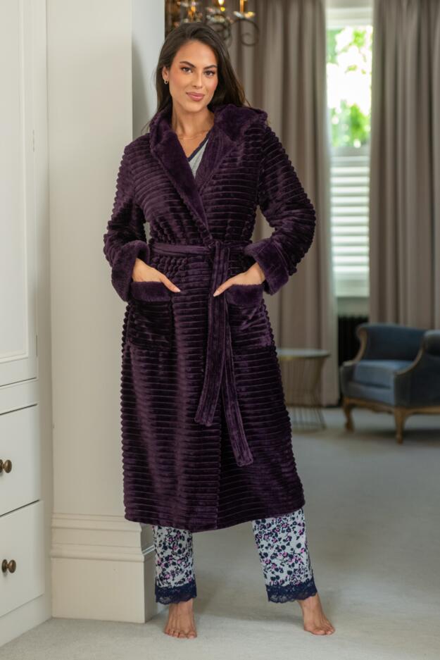 Cosy Ribbed Fleece Midi Hooded Dressing Gown  