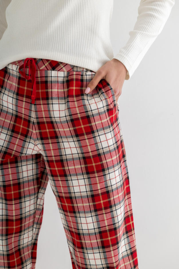  Rib Jersey Lace Trim Henley Top & Check Trouser Pyjama Set