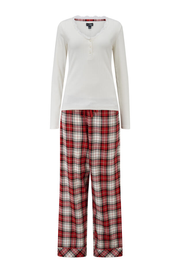  Rib Jersey Lace Trim Henley Top & Check Trouser Pyjama Set