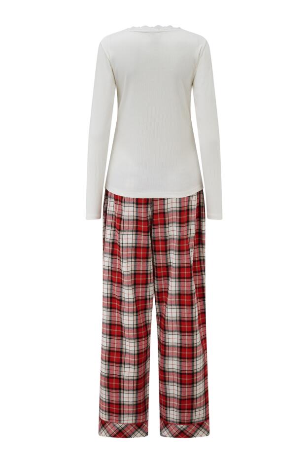  Rib Jersey Lace Trim Henley Top & Check Trouser Pyjama Set