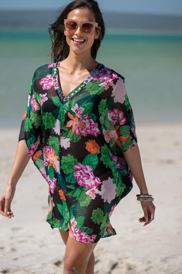 Chiffon V-Neck Embellished Kaftan 