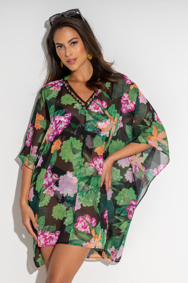 Chiffon V-Neck Embellished Kaftan 