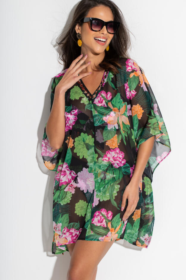 Chiffon V-Neck Embellished Kaftan 