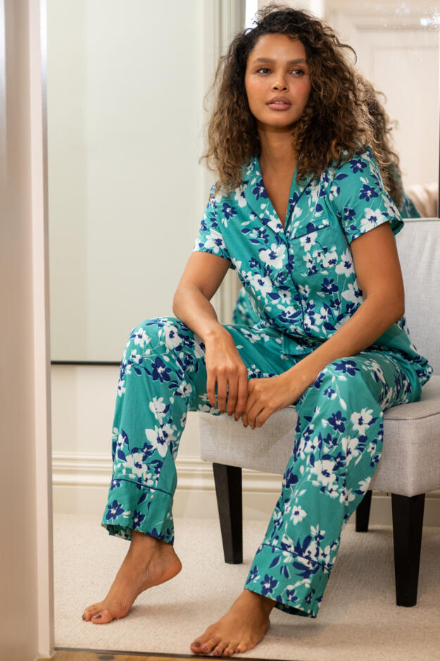 Pure Cotton Short Sleeve & Trouser Revere Collar Pyjama Set