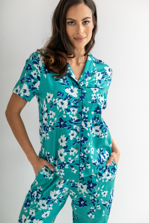 Pure Cotton Short Sleeve & Trouser Revere Collar Pyjama Set