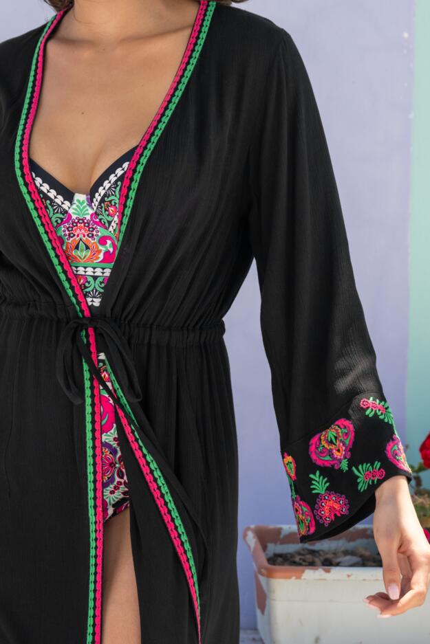 Embroidered Crinkle Woven Maxi Kimono