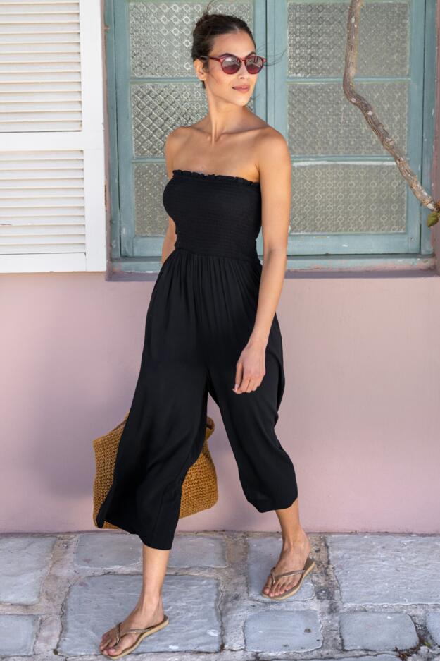 Anna Strapless Shirred Bodice Crop Leg Beach Jumpsuit