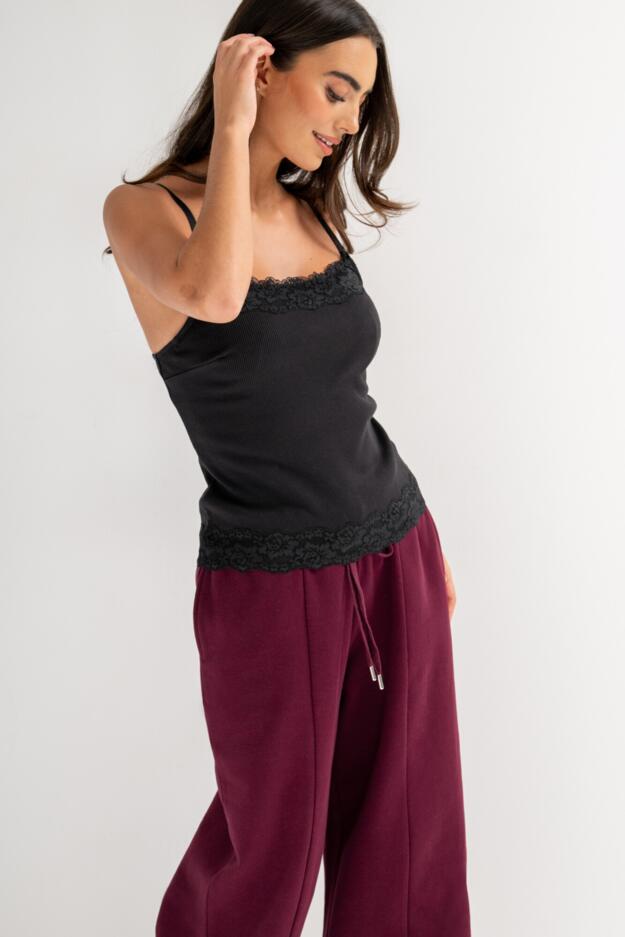 Ribbed Cotton Lace Trim Hidden Bra Cami Top