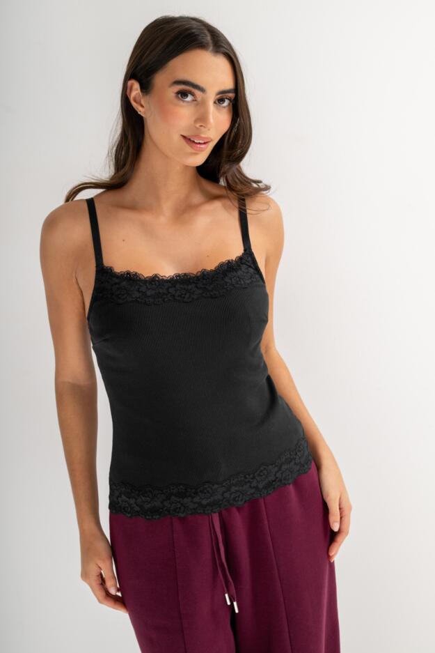 Ribbed Cotton Lace Trim Hidden Bra Cami Top