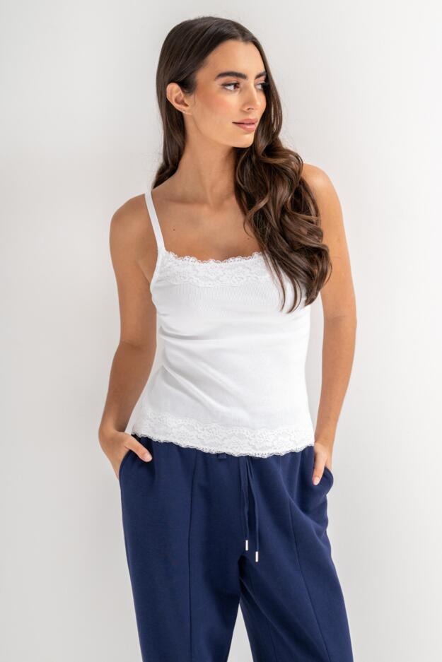 Ribbed Cotton Lace Trim Hidden Bra Cami Top