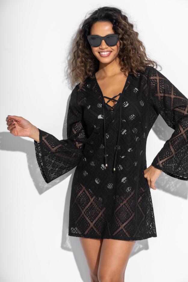 Free Spirit Crochet Lace Long Sleeve Beach Cover Up