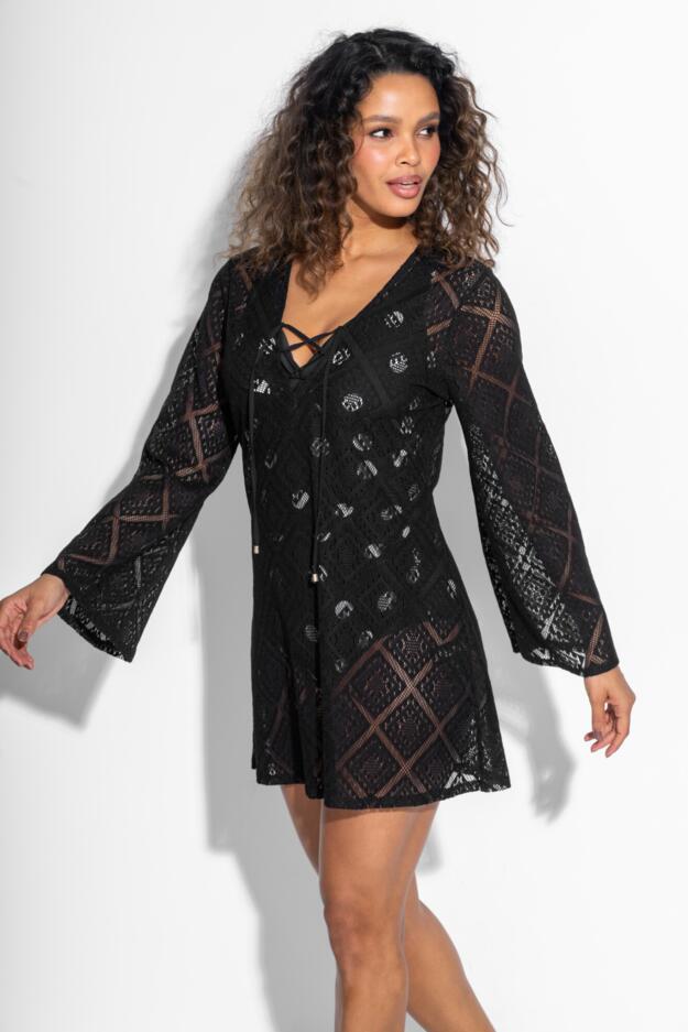 Free Spirit Crochet Lace Long Sleeve Beach Cover Up