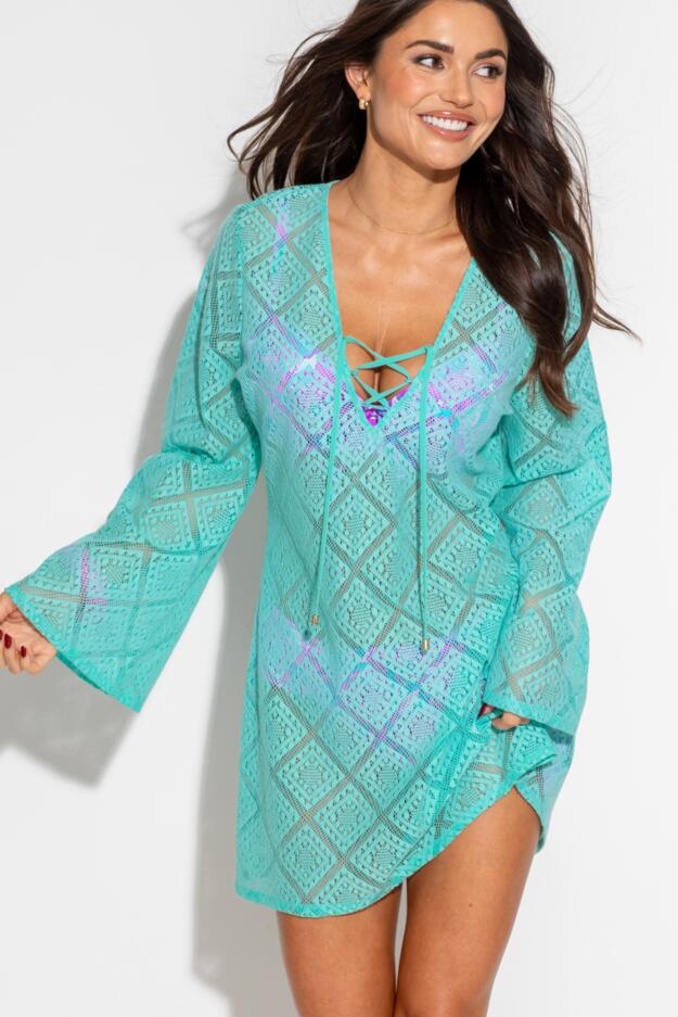 Free Spirit Crochet Lace Long Sleeve Beach Cover Up
