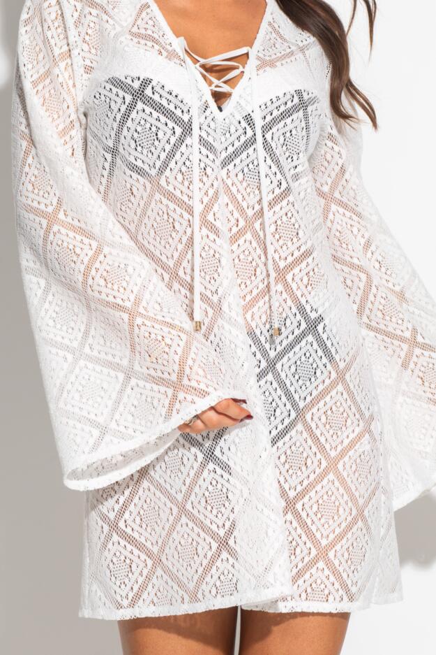 Free Spirit Crochet Lace Long Sleeve Beach Cover Up