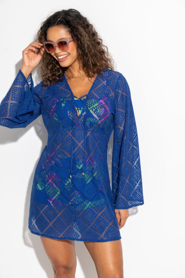 Free Spirit Crochet Lace Long Sleeve Beach Cover Up