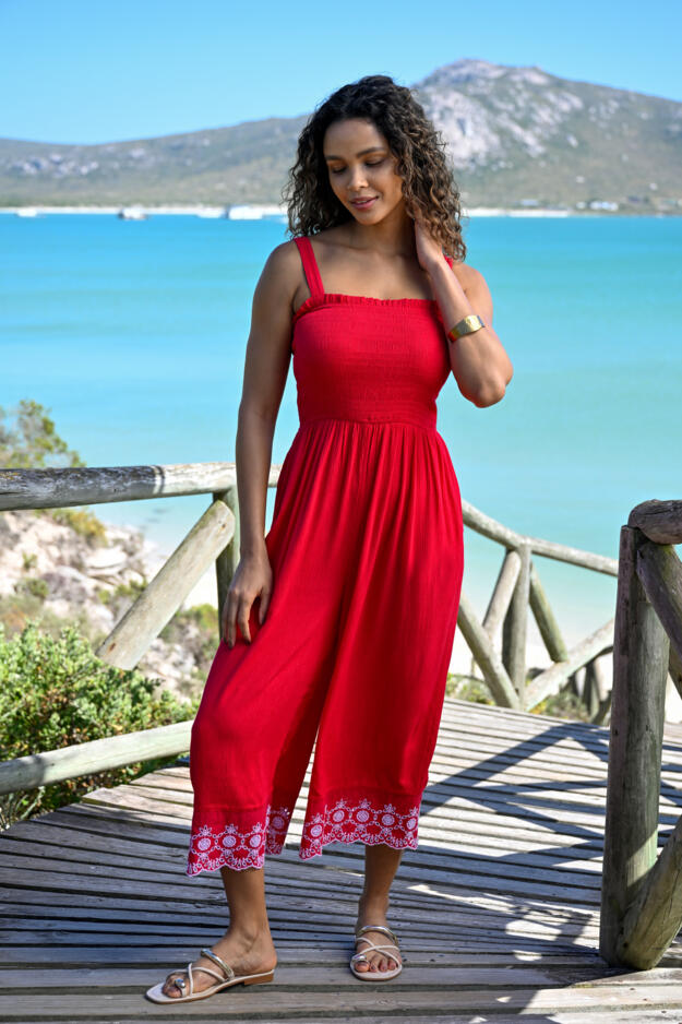 Lauren Shirred Bodice Broderie Hem Jumpsuit
