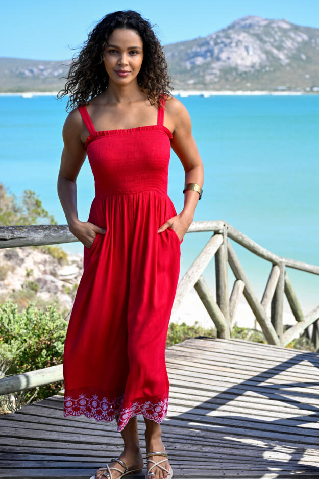 Lauren Shirred Bodice Broderie Hem Jumpsuit