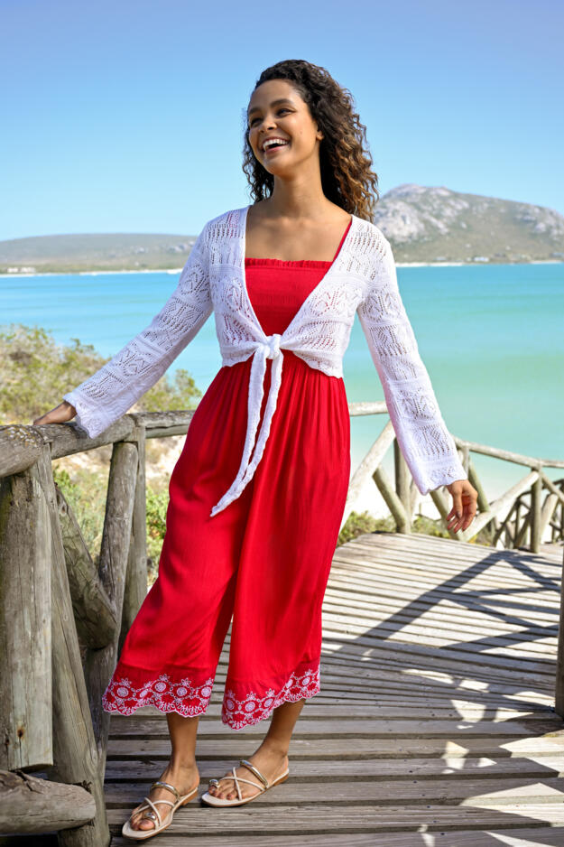 Lauren Shirred Bodice Broderie Hem Jumpsuit