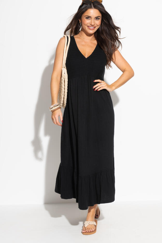 Crochet Bodice Cotton Slub Midi Dress