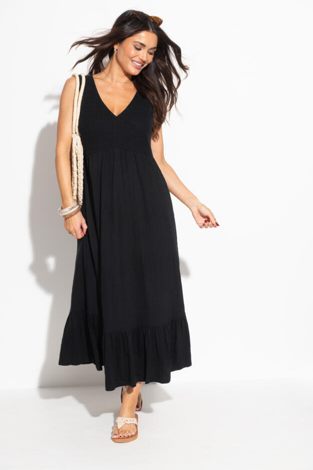 Crochet Bodice Cotton Slub Midi Dress