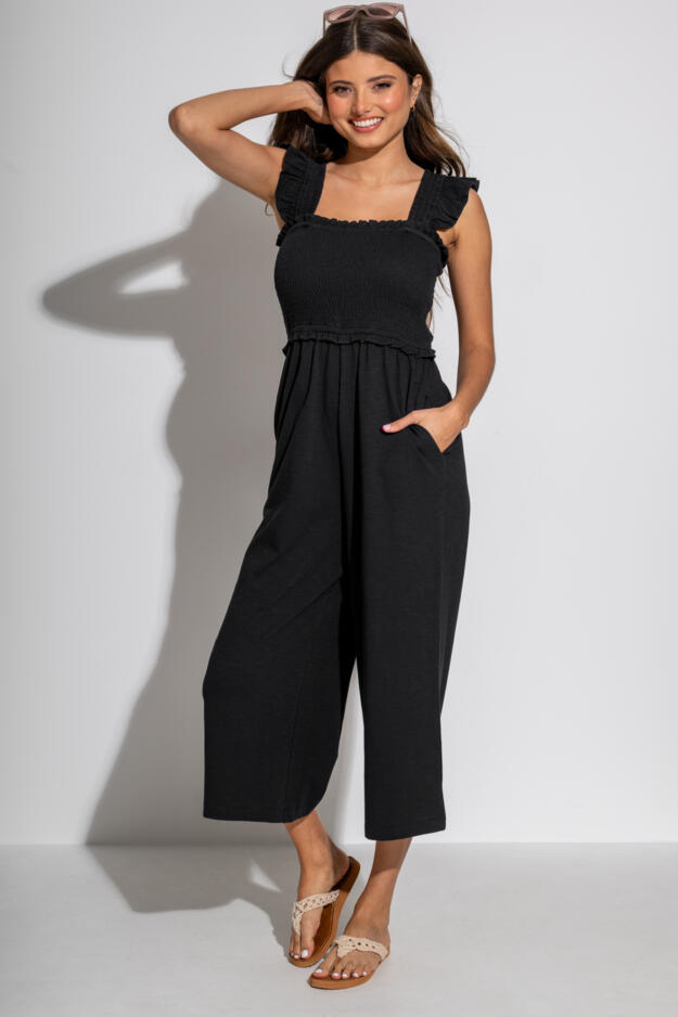 Iris Frill Detail Cotton Slub Crop Leg Jumpsuit