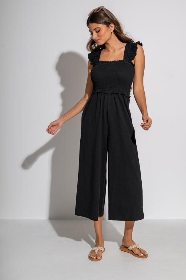 Iris Frill Detail Cotton Slub Crop Leg Jumpsuit