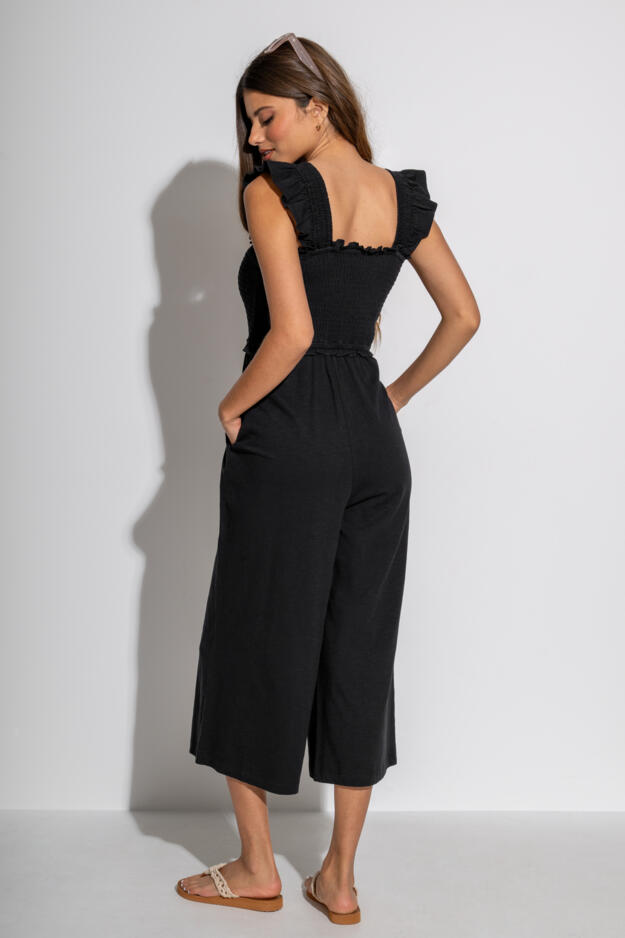 Iris Frill Detail Cotton Slub Crop Leg Jumpsuit