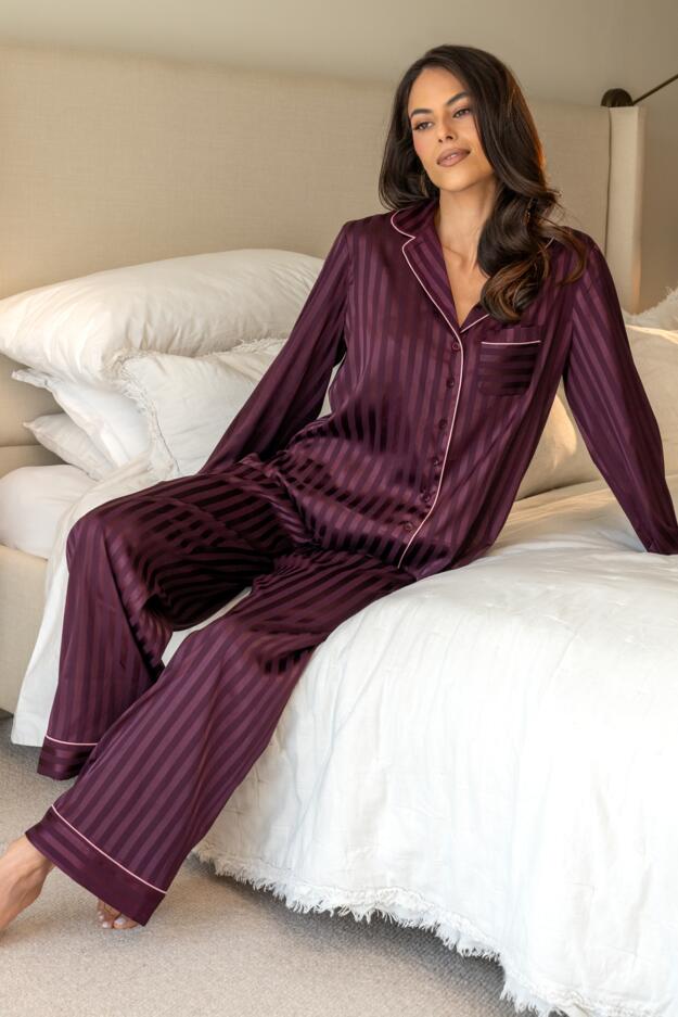 Satin Shadow Stripe Revere Collar Pyjama Set