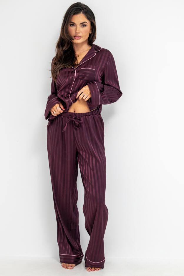 Satin Shadow Stripe Revere Collar Pyjama Set