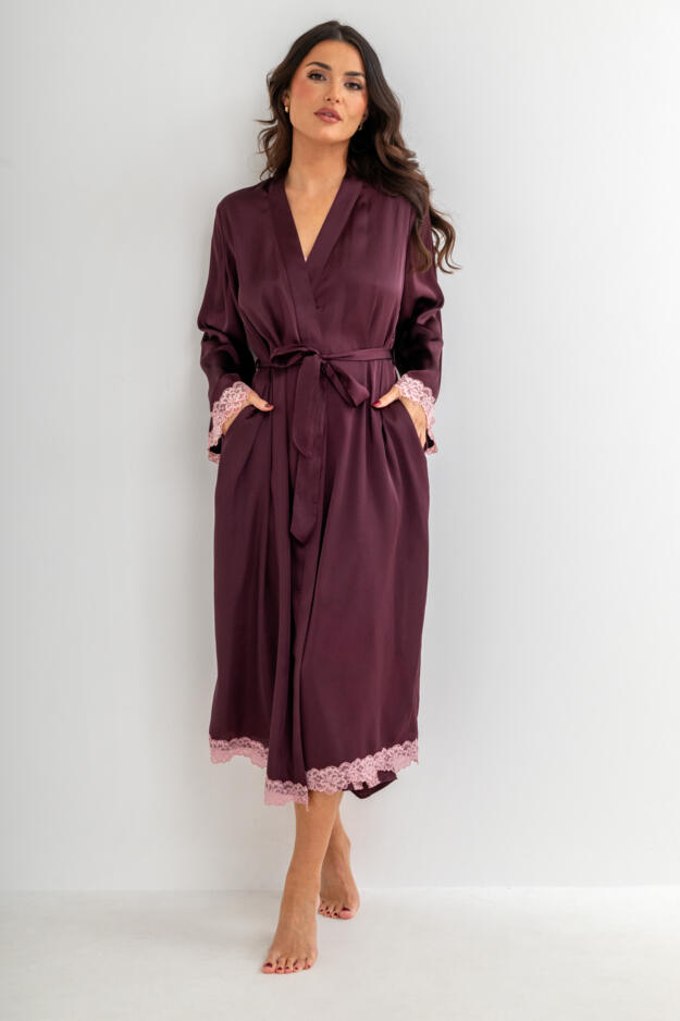 Dusk Satin and Lace Kimono Sleeve Dressing Gown
