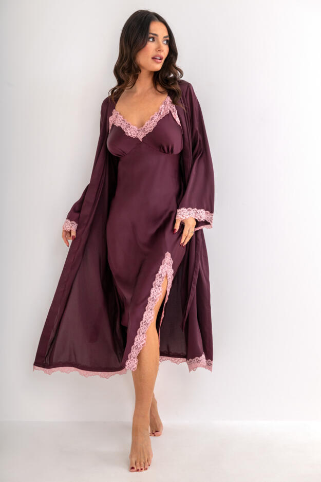 Dusk Satin and Lace Kimono Sleeve Dressing Gown