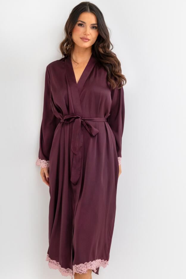 Dusk Satin and Lace Kimono Sleeve Dressing Gown